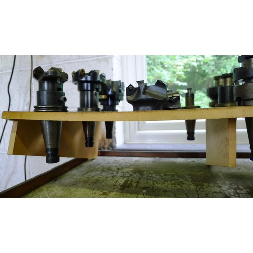 88 - 1 bench top wooden storage rack containing 6 tipped cutting tools (3 attached to holders) and 5 othe... 