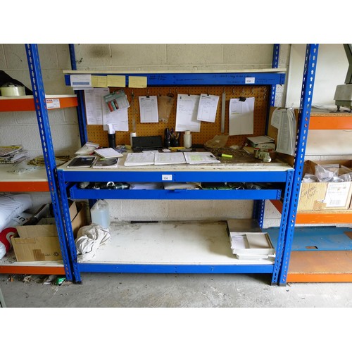 130 - 1 blue metal work bench approx 15cm wide with a shelf above and 1 drawer / 1 shelf below. Please not... 