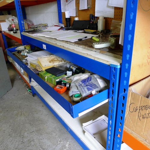 130 - 1 blue metal work bench approx 15cm wide with a shelf above and 1 drawer / 1 shelf below. Please not... 