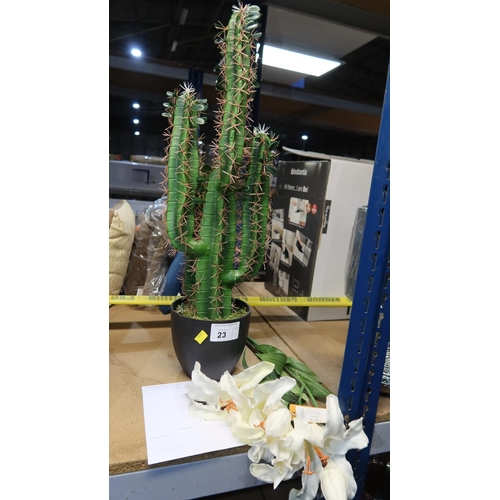 23 - 1 artificial cactus in a pot RRP £81 and 3 loose real touch artificial flowers