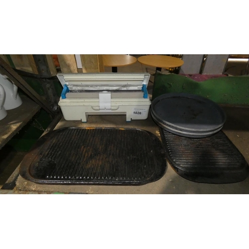 1026 - A quantity of various catering related items including dishes, a cling wrap dispenser and 2 griddle ... 