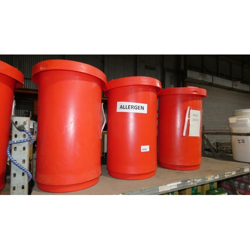 1035 - 3 x large red plastic food storage bins with lids