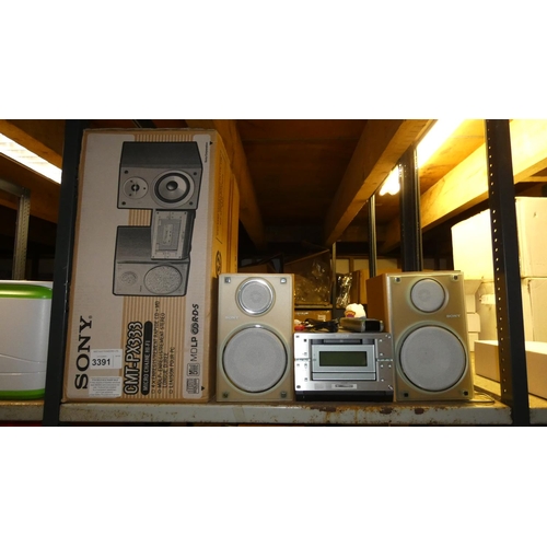 3391 - A Sony stereo system type: CMT-PX333, with CD & Minidisc player, comes with speakers and remote - tr... 