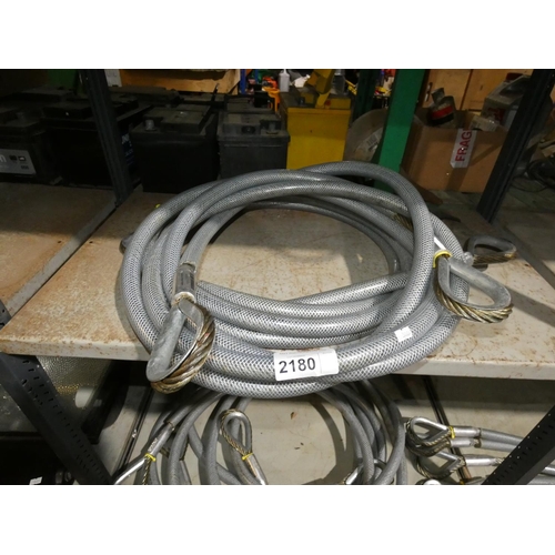 2180 - 2 x PVC sleeved wire rope rigging steels both 5m long and SWL 2.16T each. Contents of 1 shelf