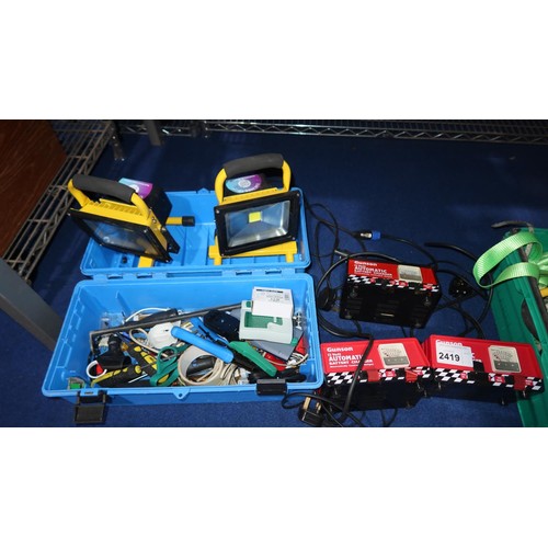 2419 - A quantity of various items including a blue plastic tool box containing various tools, ratchet stra... 