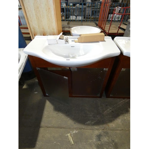 580 - 1 vanity unit with a white ceramic basin approx 92cm wide supplied with a waste and leg pack