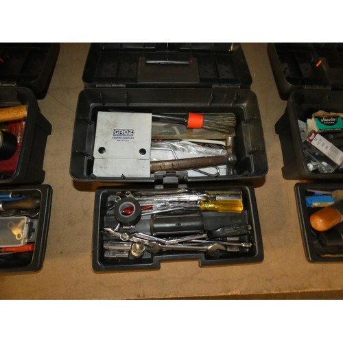 304 - 5 black plastic tool boxes containing a quantity of various hand tools including files, spanners, Al... 