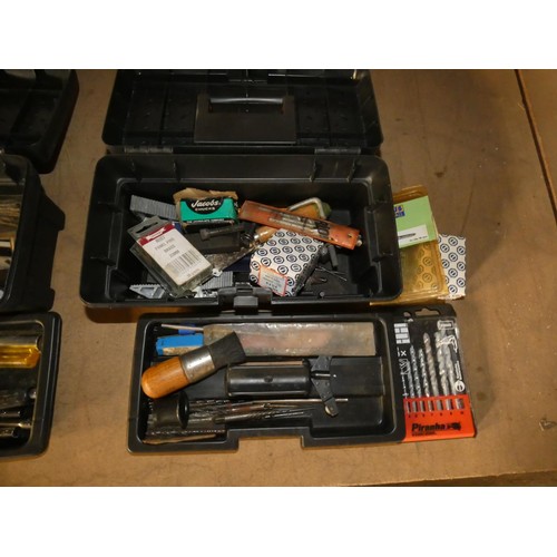 304 - 5 black plastic tool boxes containing a quantity of various hand tools including files, spanners, Al... 