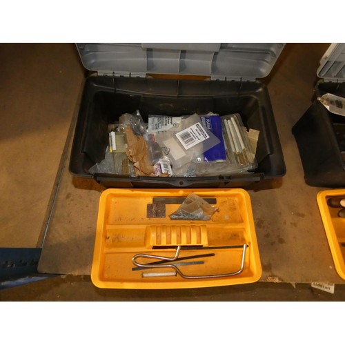 304 - 5 black plastic tool boxes containing a quantity of various hand tools including files, spanners, Al... 