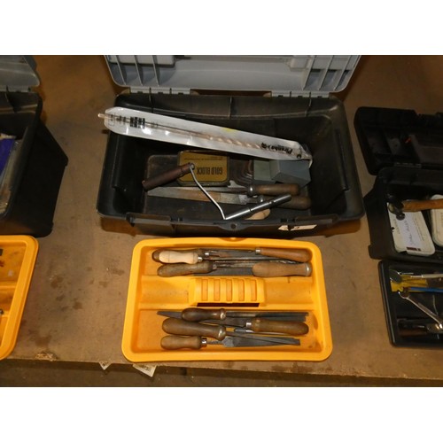 304 - 5 black plastic tool boxes containing a quantity of various hand tools including files, spanners, Al... 