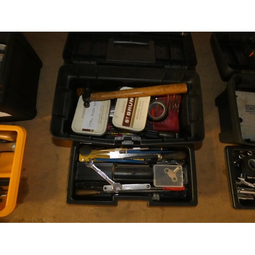 304 - 5 black plastic tool boxes containing a quantity of various hand tools including files, spanners, Al... 