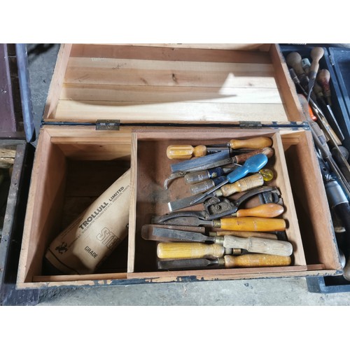 81 - 3 wooden boxes containing a quantity of various vintage wood working tools