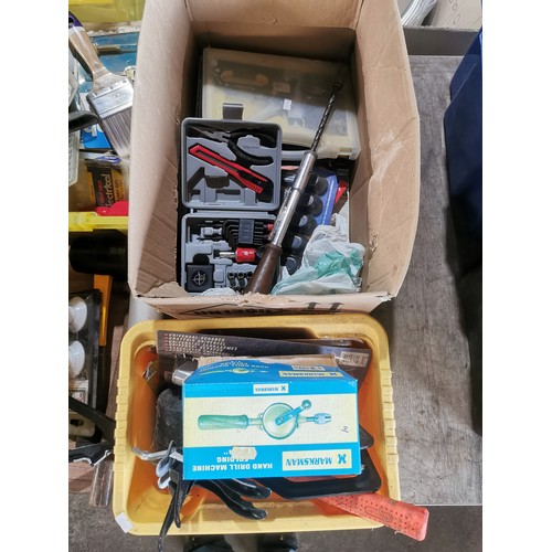 82 - A quantity of various tools and other items including 1 Einhell drill 240v, screws, hammers etc. Con... 