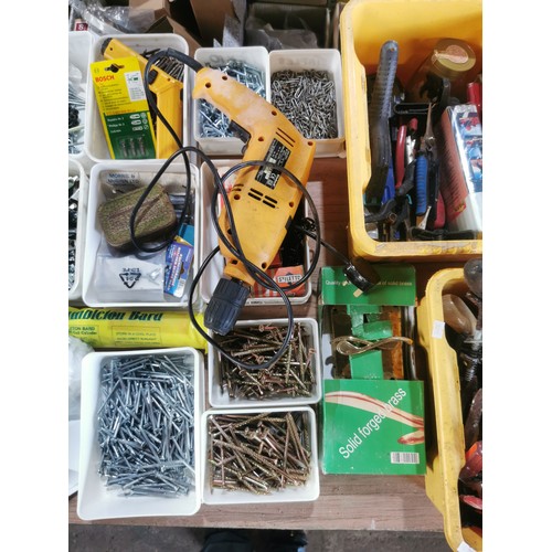 82 - A quantity of various tools and other items including 1 Einhell drill 240v, screws, hammers etc. Con... 