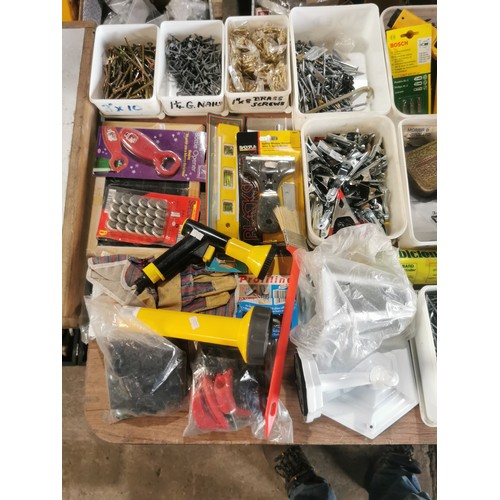 82 - A quantity of various tools and other items including 1 Einhell drill 240v, screws, hammers etc. Con... 