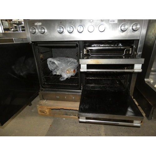 1119 - A commercial stainless steel dual fuel gas fired 5 burner range with 3 fold down doors (2 x oven 1 g... 