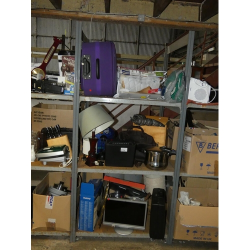 2114 - A quantity of various items including a small shredder 240v, a table lamp 240v, a suitcase, a duvet,... 