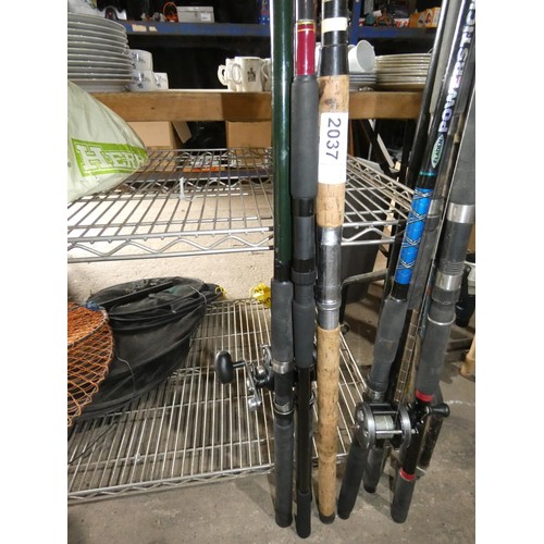 2037 - 4 various fishing rods including 1 x Olympic and 1 x reel