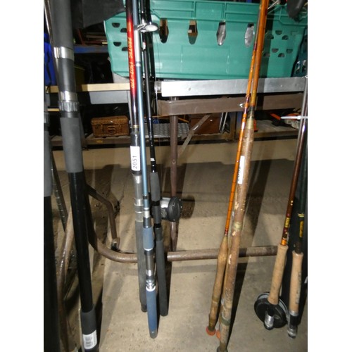 2051 - 3 various fishing rods including 1 x Shakespeare Protec 1502-270 and 1 x reel