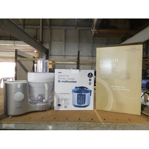 2111 - A quantity of various items including a Kenwood food mixer 240v, a Wilko 5L multi cooker 240v, a duv... 