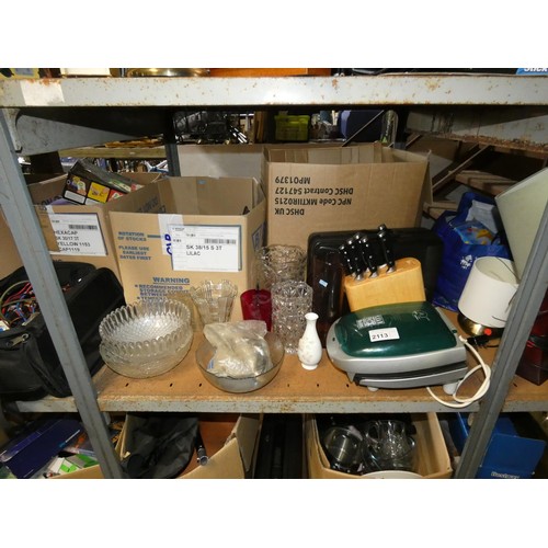 2113 - A quantity of various items including a Lean Mean Fat Grilling Machine 240v, glassware, a lamp 240v,... 