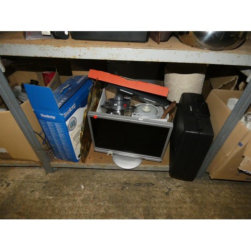 2114 - A quantity of various items including a small shredder 240v, a table lamp 240v, a suitcase, a duvet,... 