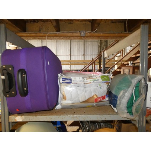 2114 - A quantity of various items including a small shredder 240v, a table lamp 240v, a suitcase, a duvet,... 