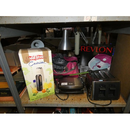 2116 - A quantity of various items including table lamps 240v, a Revlon Pediprep spa, a toaster 240v, a Sod... 