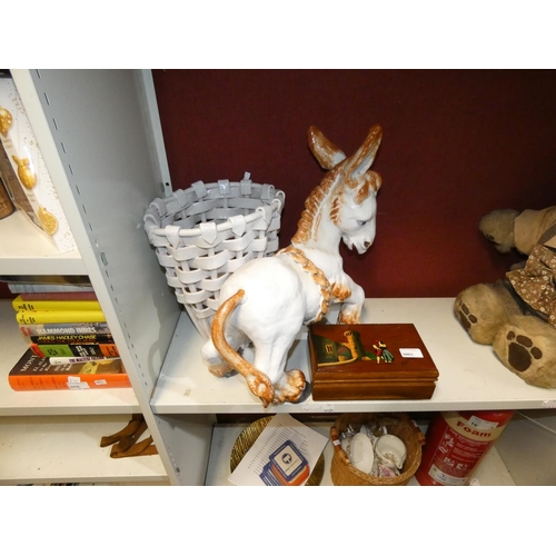 3003 - A large ceramic donkey and basket and a small decorative wooden cigarette box