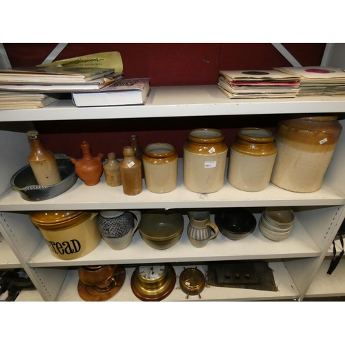 3017 - A quantity of various stoneware kitchen jars and stoneware bottles and jugs etc (two shelves)