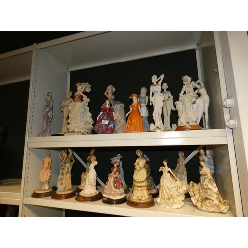 3037 - A collection of miscellaneous resin and ceramic decorative figures of ladies (2 shelves)