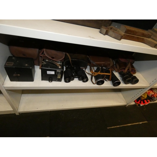 3047 - 2 vintage box cameras and three pairs of vintage binoculars