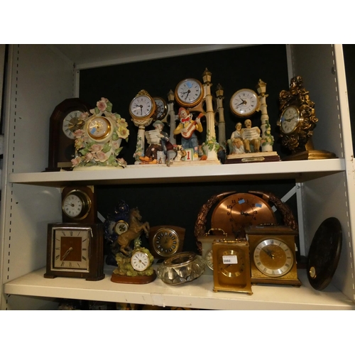 3060 - A quantity of miscellaneous decorative resin, ceramic, wooden cased and other clocks (2 shelves)