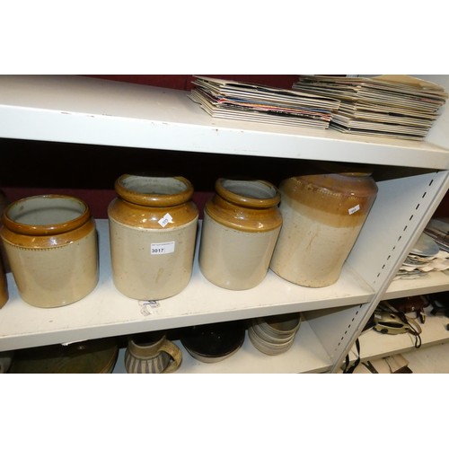 3017 - A quantity of various stoneware kitchen jars and stoneware bottles and jugs etc (two shelves)