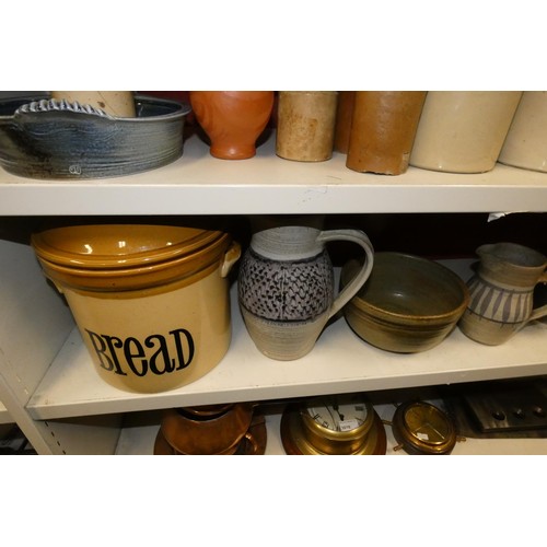 3017 - A quantity of various stoneware kitchen jars and stoneware bottles and jugs etc (two shelves)