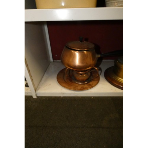 3018 - A brass cased naval clock, a copper fondue set and various other items (one shelf)