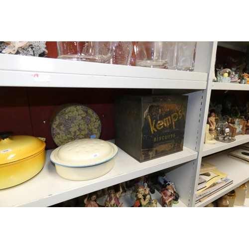 3021 - A yellow enamelled Le Creuset pan with lid, various vintage cream enamelled kitchen pans and 2 vinta... 