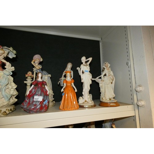 3037 - A collection of miscellaneous resin and ceramic decorative figures of ladies (2 shelves)