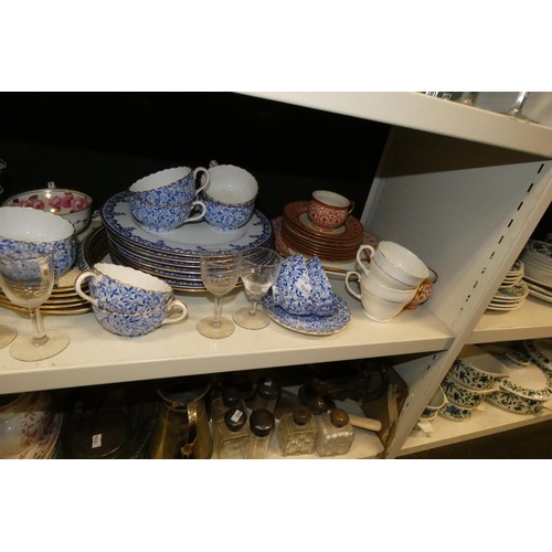 3042 - A quantity of miscellaneous decorative teaware, glassware and silver-plated ware etc (three shelves)