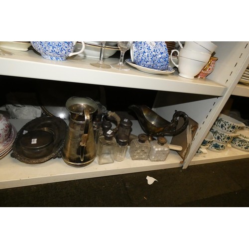 3042 - A quantity of miscellaneous decorative teaware, glassware and silver-plated ware etc (three shelves)