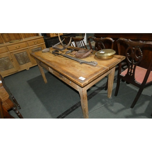 3428 - A Victorian rectangular topped pine kitchen side table with two drawers on tapered legs,  approximat... 