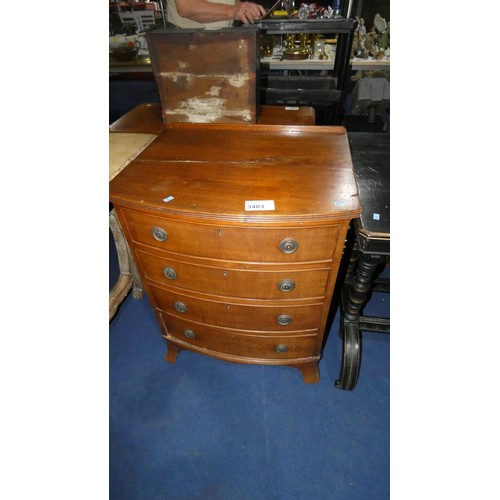 3483 - Mahogany bow front chest of 4 drawers with drop ring handles, approximately 61 cm wide