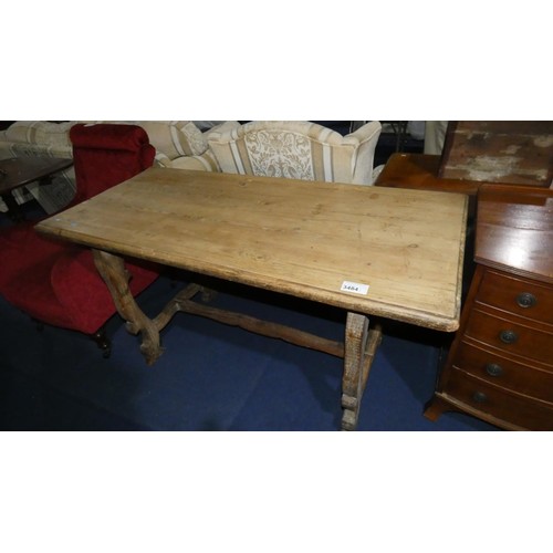 3484 - Vintage rectangular topped pine kitchen table with trestle supports, approximately , 148 long x 67cm... 