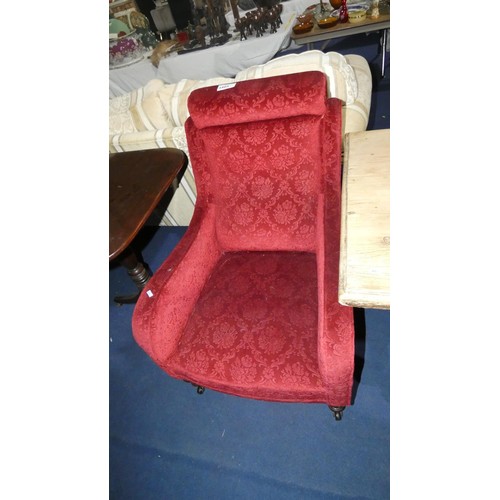 3485 - Vintage red upholstered armchair on turned legs