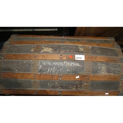 3519 - Vintage wooden bound domed top cabin trunk with a lift lid