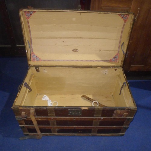 3519 - Vintage wooden bound domed top cabin trunk with a lift lid