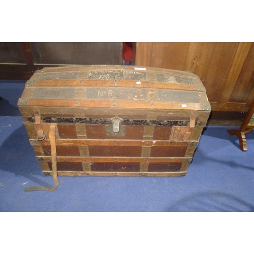 3519 - Vintage wooden bound domed top cabin trunk with a lift lid