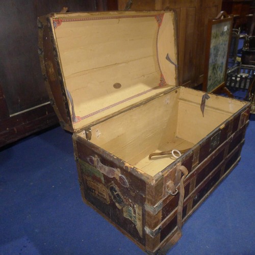 3519 - Vintage wooden bound domed top cabin trunk with a lift lid