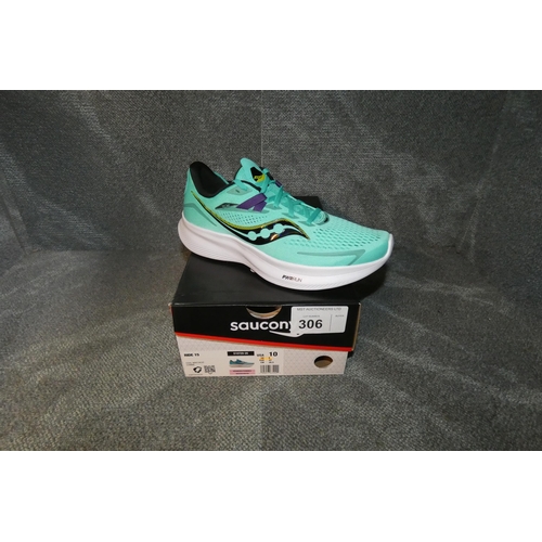 306 - A pair of womens running shoes by Saucony type Ride 15 Cool mint / acid comme size UK 8