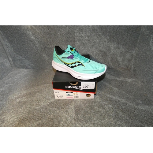 307 - A pair of womens running shoes by Saucony type Ride 15 Cool mint / acid comme size UK 7